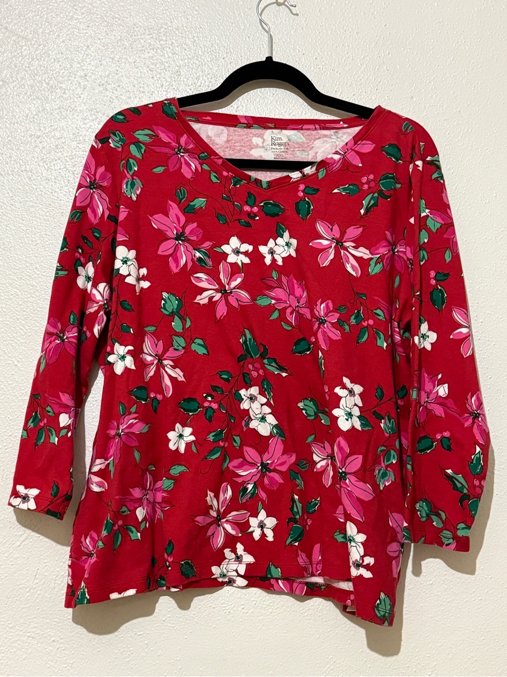 Kim Rogers Women's Red Holiday Floral Long Sleeve Top. 100% Cotton.Sz XXL. NWOT.